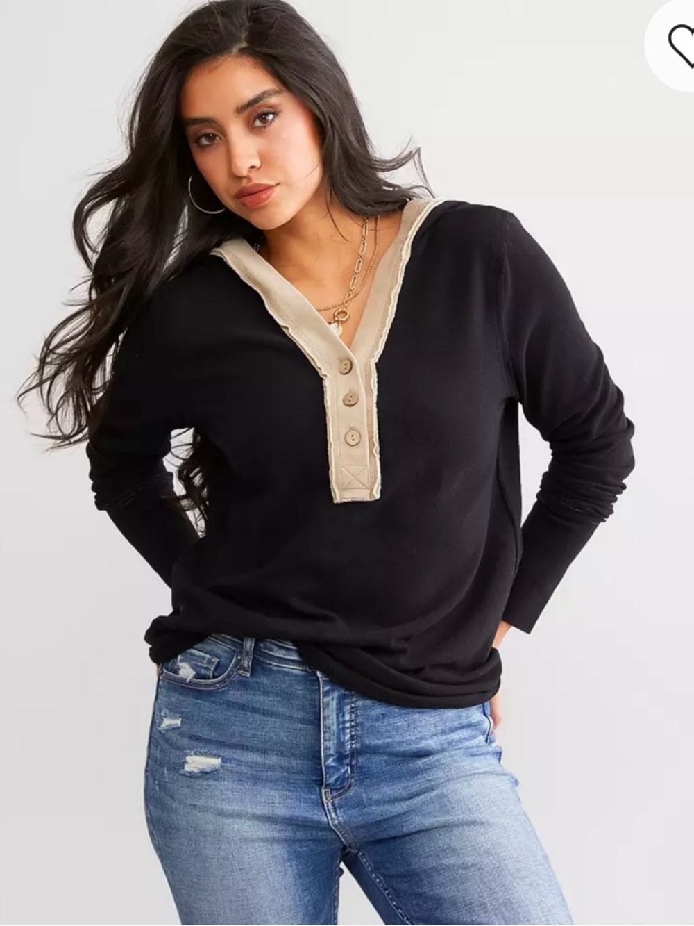 BKE Black Hooded Button Down Henley M